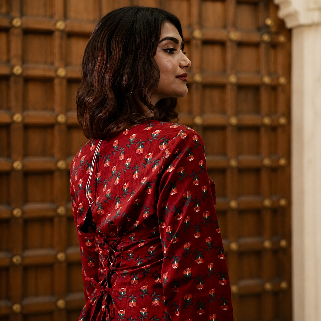 Navanika Crimson Bloom Lace-Up Kurti
