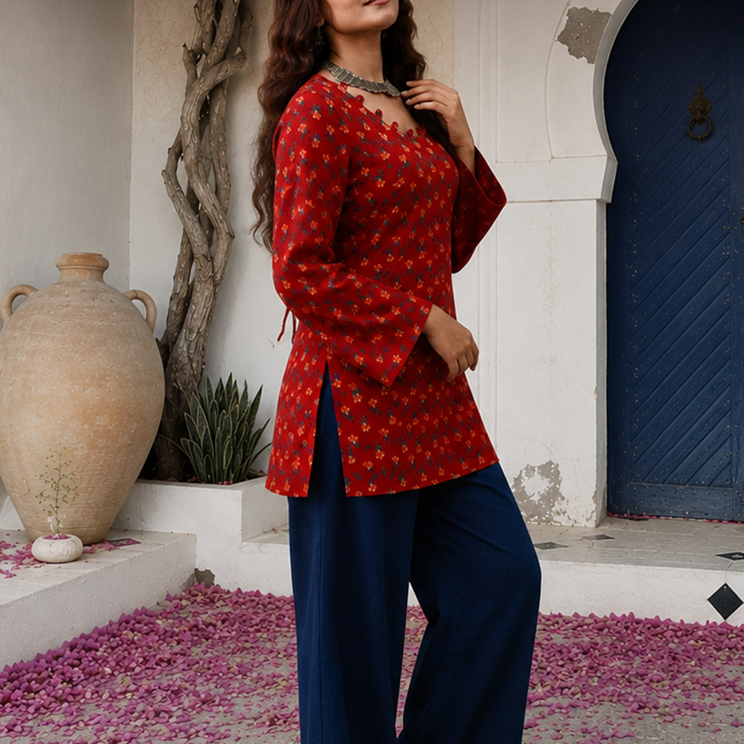 Navanika Crimson Bloom Lace-Up Kurti