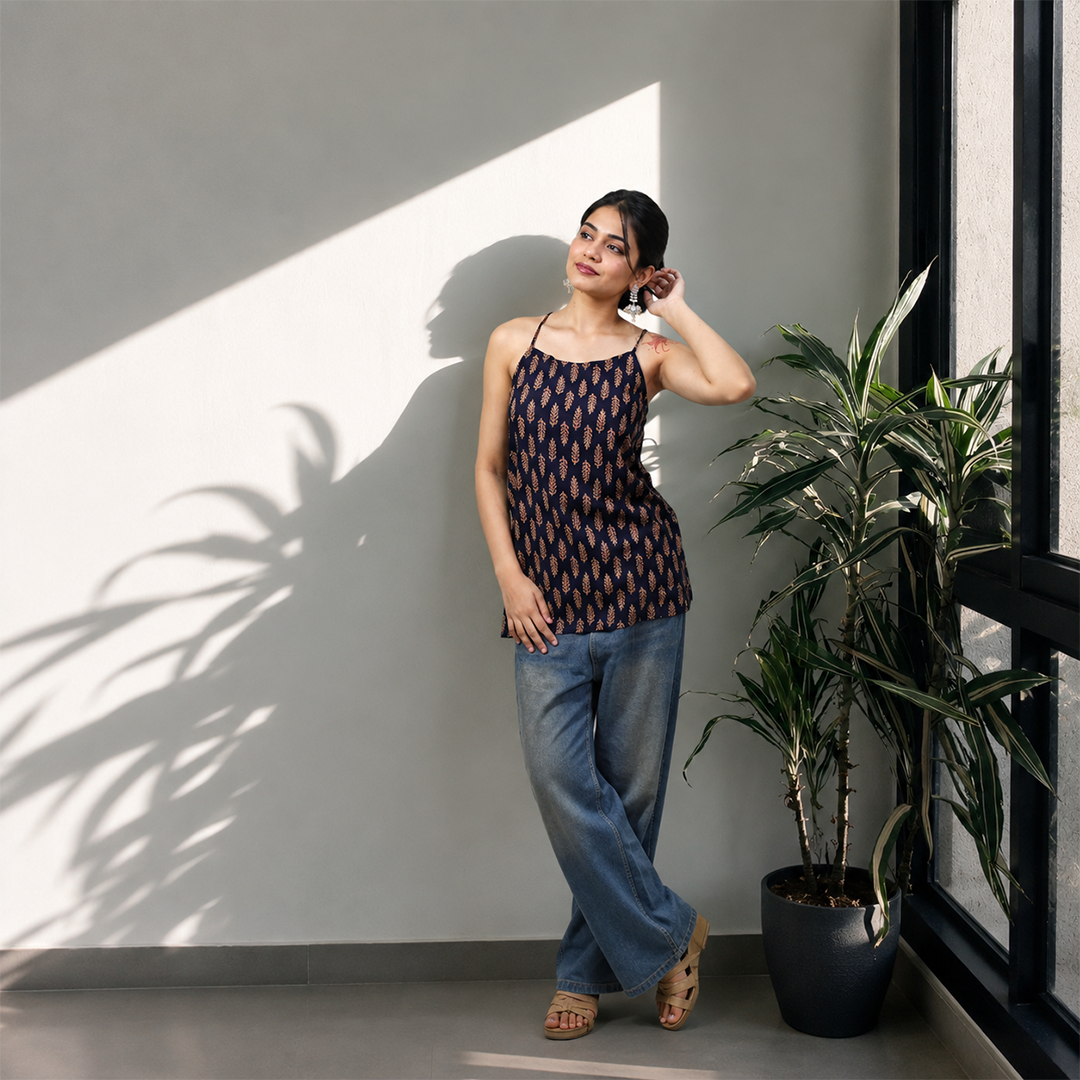 Navanika Midnight Leaf Lace-Up Kurti