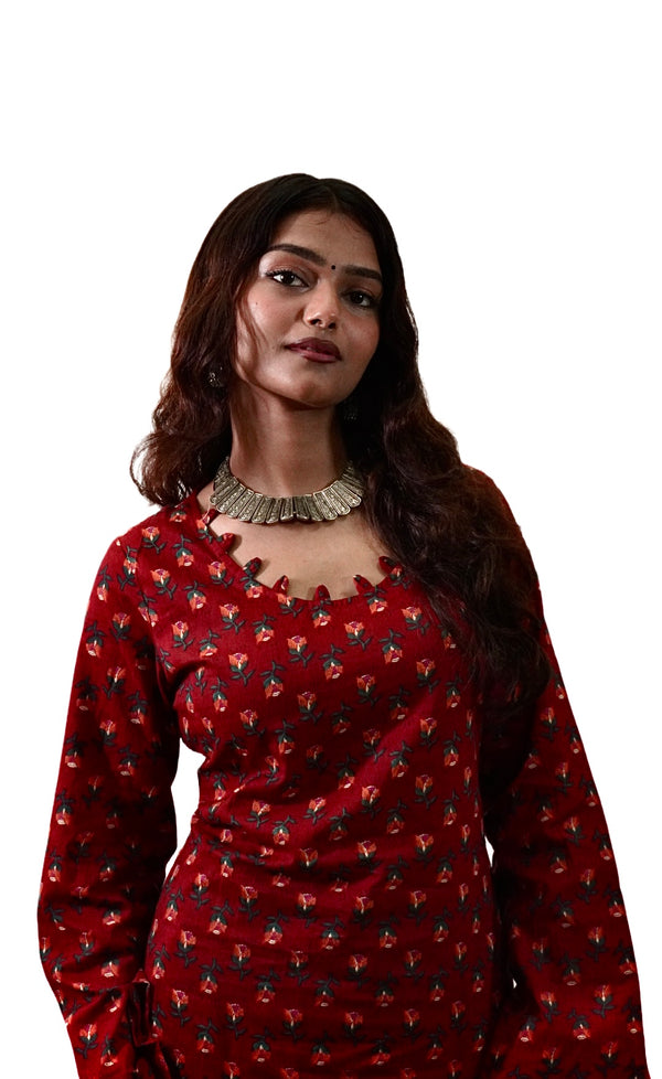 Navanika Crimson Bloom Lace-Up Kurti