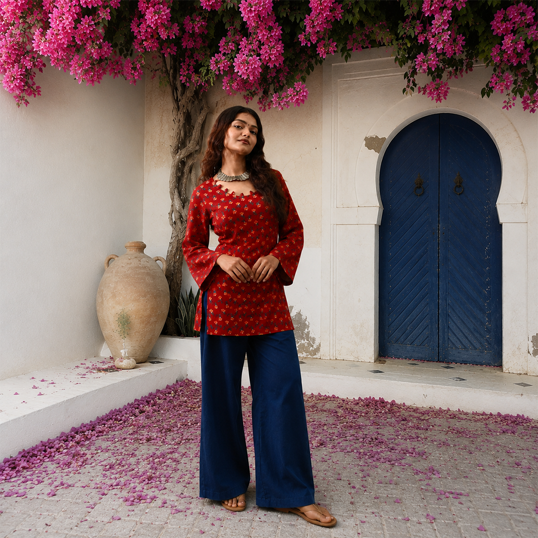 Navanika Crimson Bloom Lace-Up Kurti