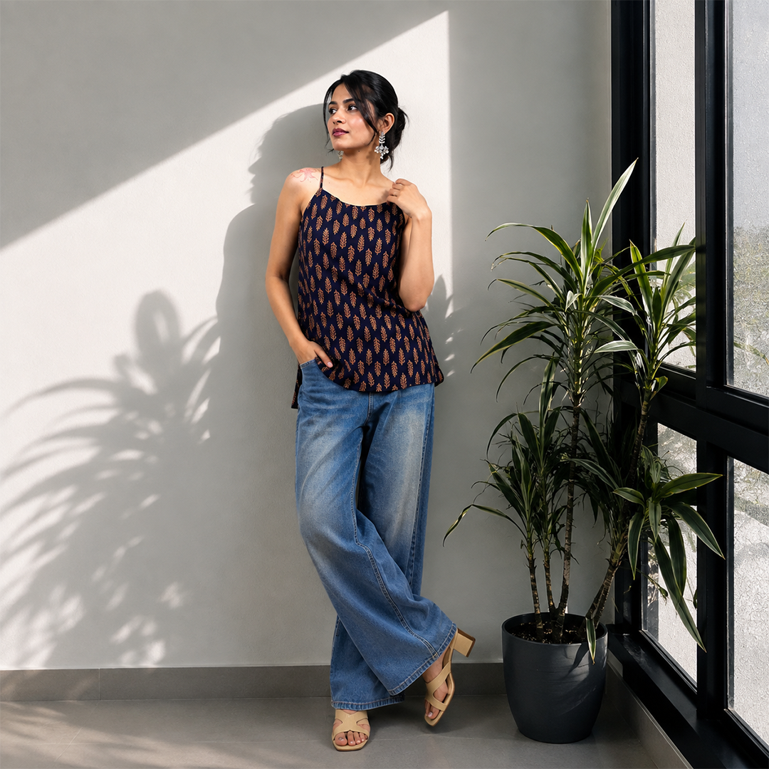 Navanika Midnight Leaf Lace-Up Kurti